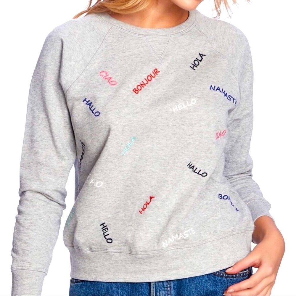 Court & Rowe XS “Hello” in Many Languages Embroidered Crewneck Gray Sweatshirt